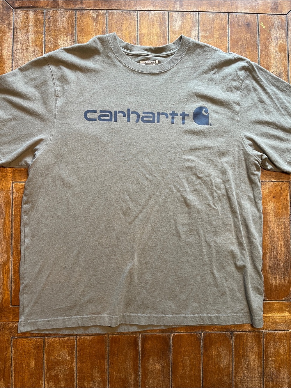 Carhartt Olive Green Short-Sleeve Logo Tee with Navy Print